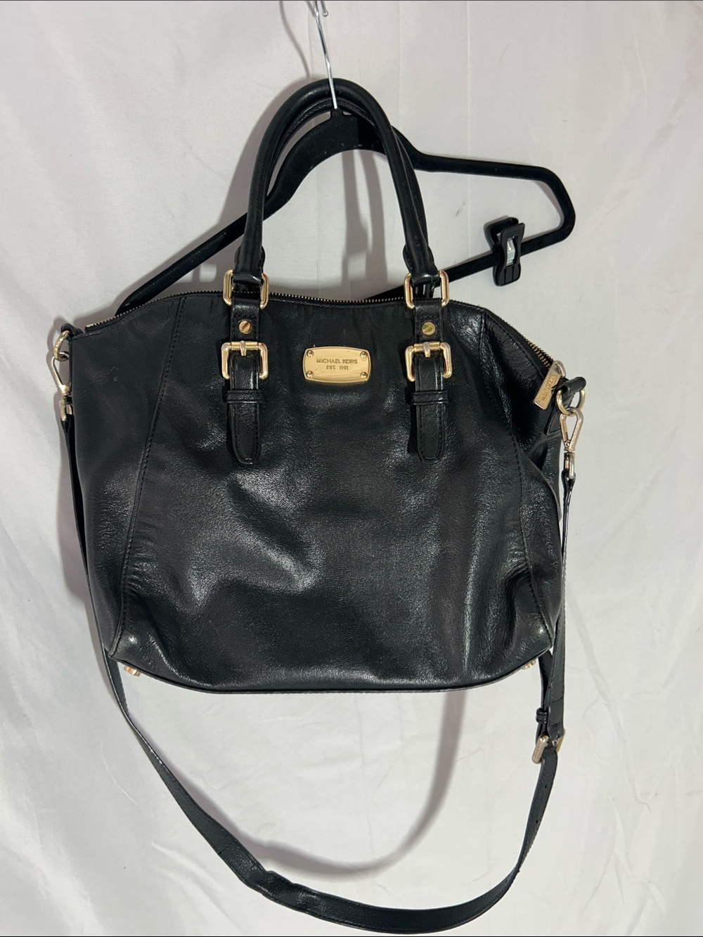 Michael Kors Black Leather Tote with Gold-Tone Accents